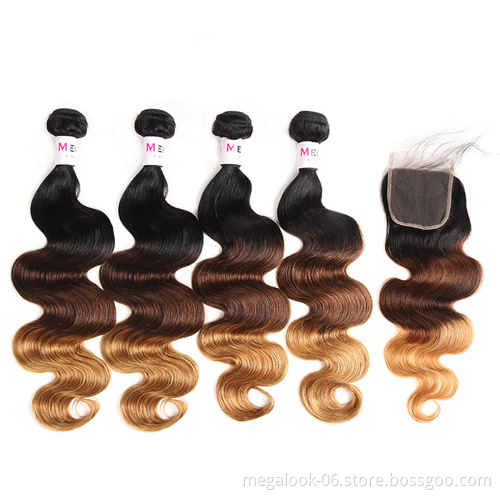 Three Tone Body Wave Ombre Brazilian Human Hair 4 Bundles Weave Wet and Wavy with Closure